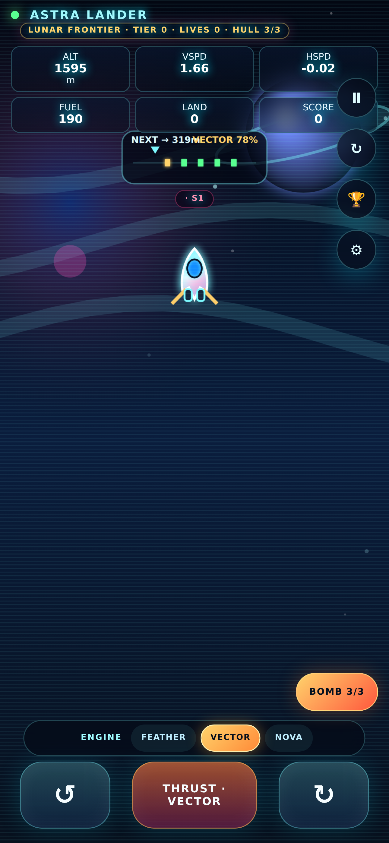Rocket performing a precision flight over an alien landscape